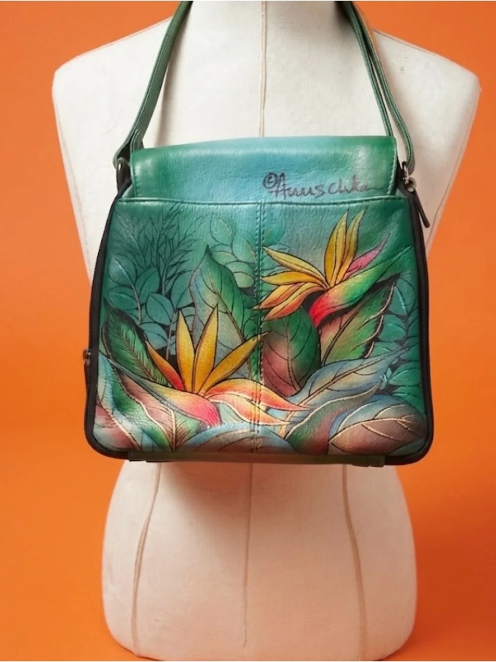 Hand-Painted Teal Crossbody Bag with Tropical Parrot Design